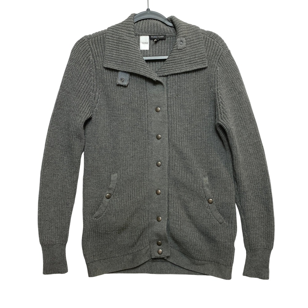 Eileen Fisher Wool Cardigan Womens M Gray Snap Front Waffle Knit Italian Yarn